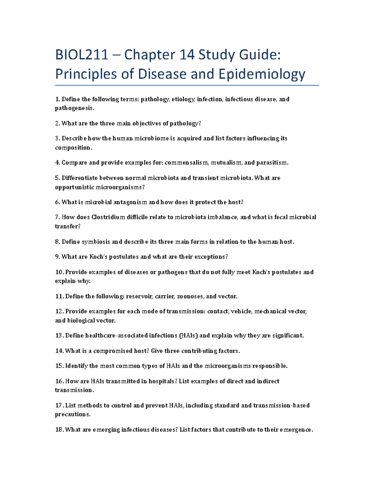 BIOL211 Chapter 14 Study Guide: Disease Principles & Epidemiology - Studocu
