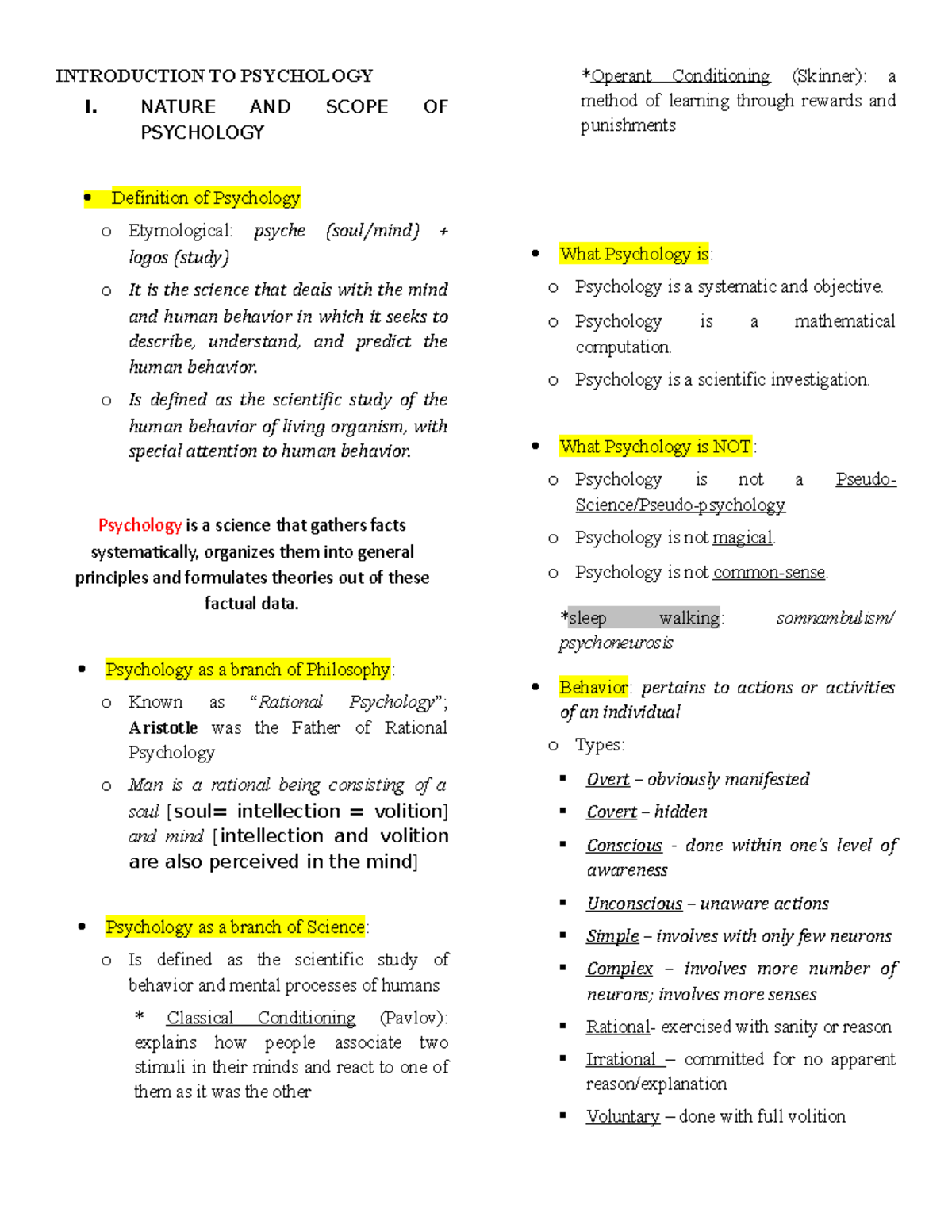 Intro to Psych: Nature, Scope, and History of Psychology Concepts - Studocu