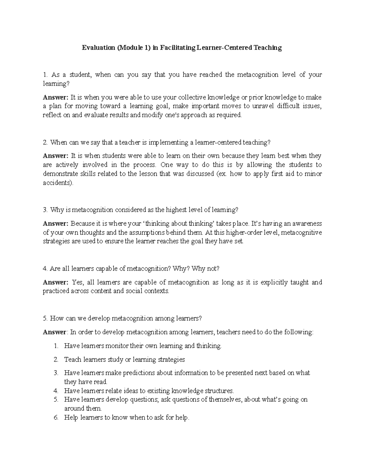 Evaluation Answers for Module 1 & 2 in Facilitating Learner-Centered ...