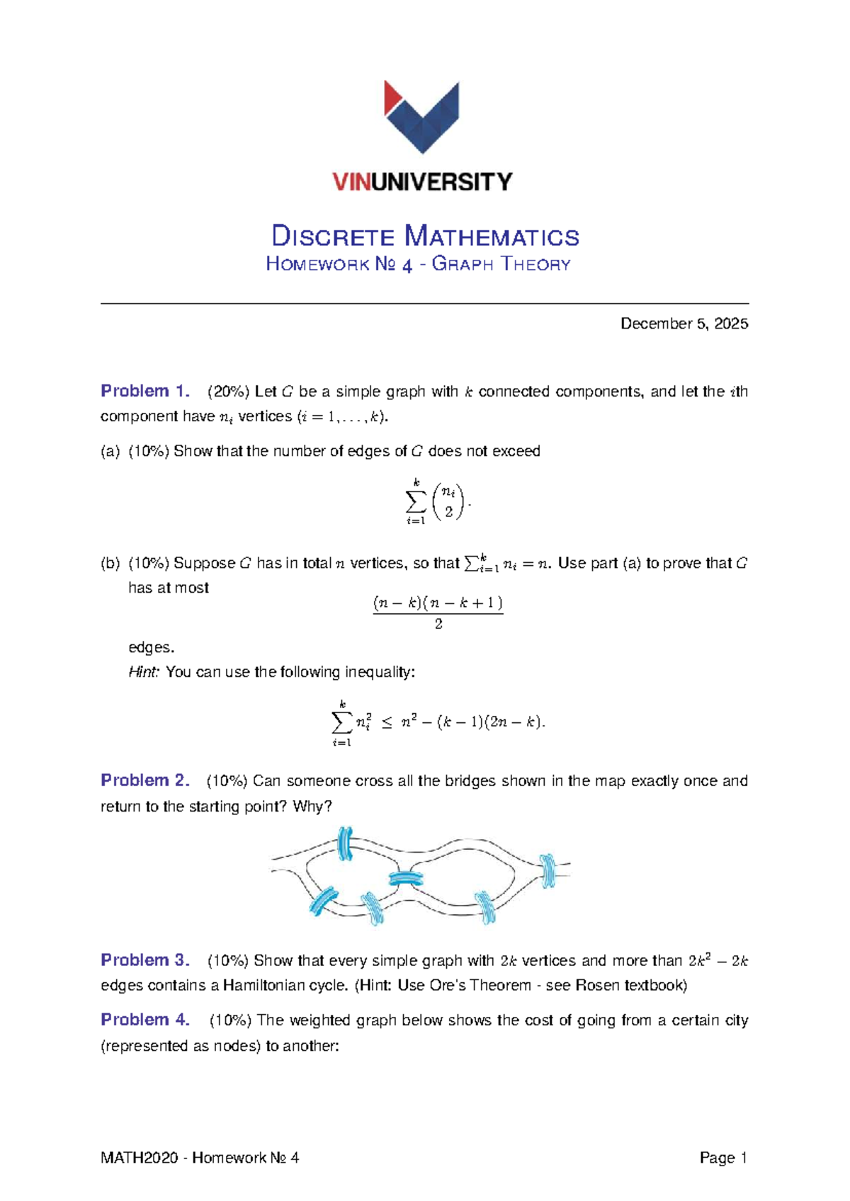 MATH2020 Homework 4: Graph Theory Problems and Solutions - Studocu