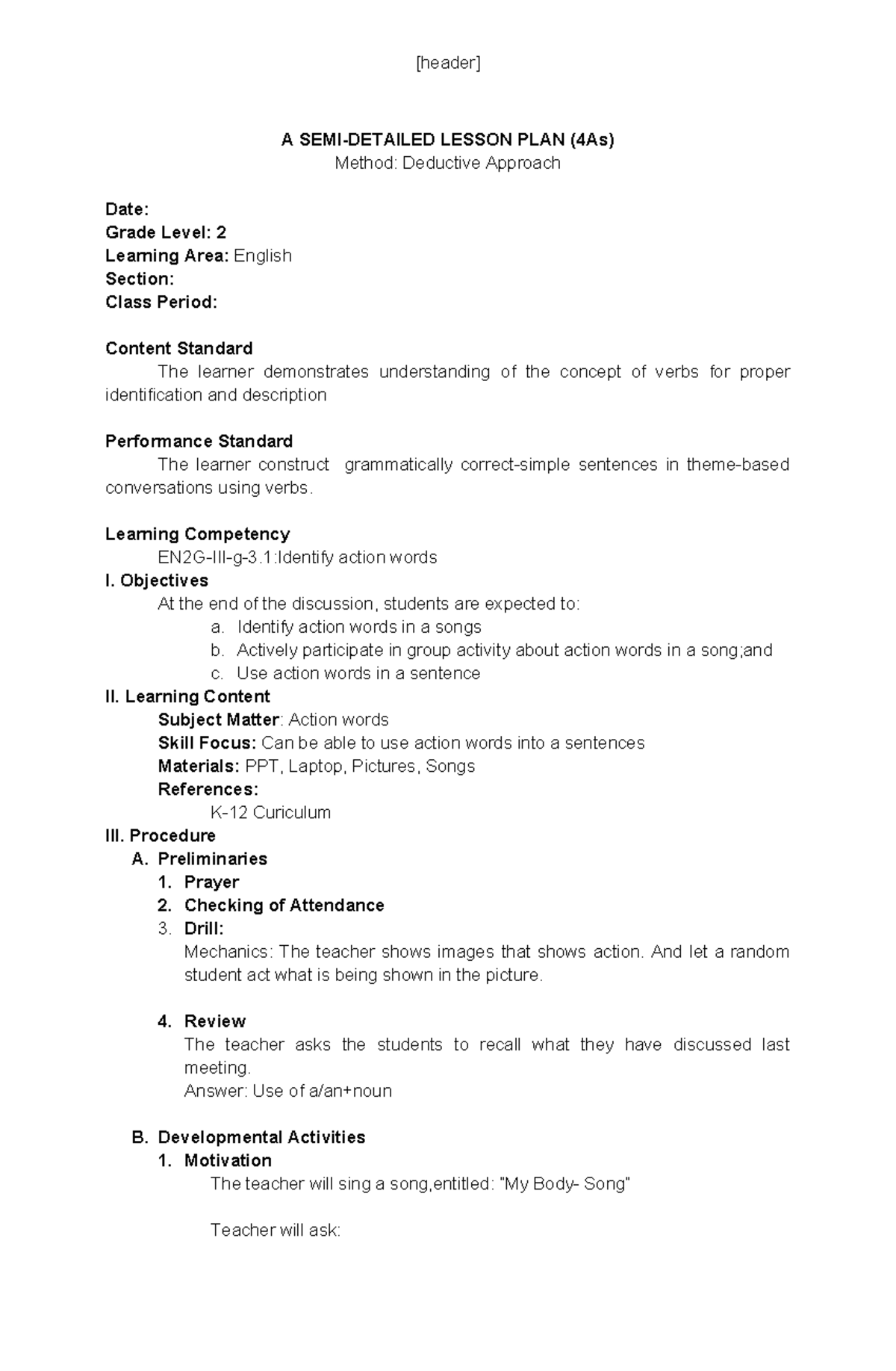 English lesson plan on action words and simple past tense - Studocu