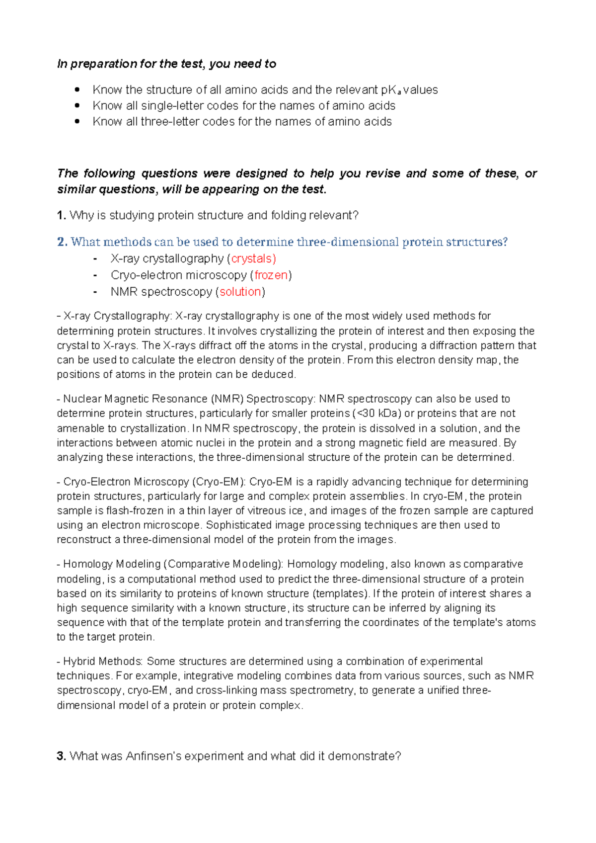 BIOC0037 Final Exam Revision Questions for Protein Structure and ...