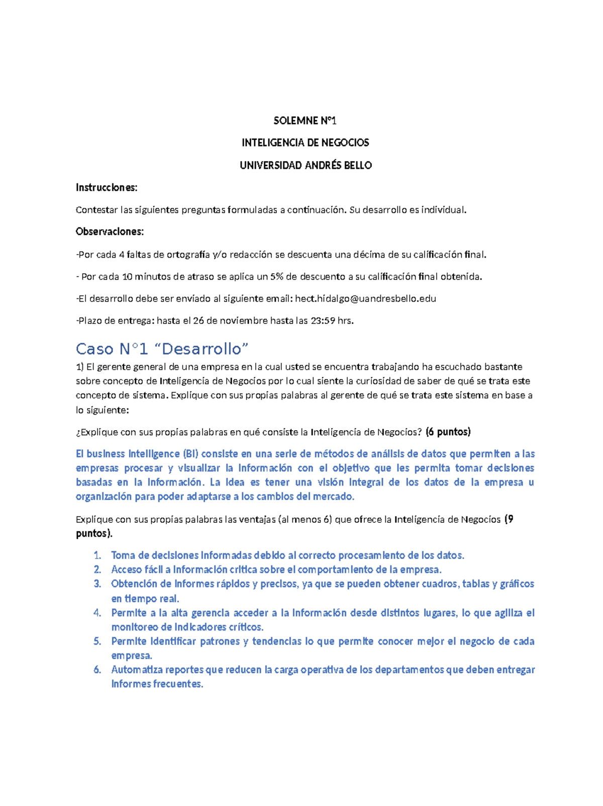 Solemne N°1: Inteligencia de Negocios en la UNAB - Respuestas y Análisis - Document Preview