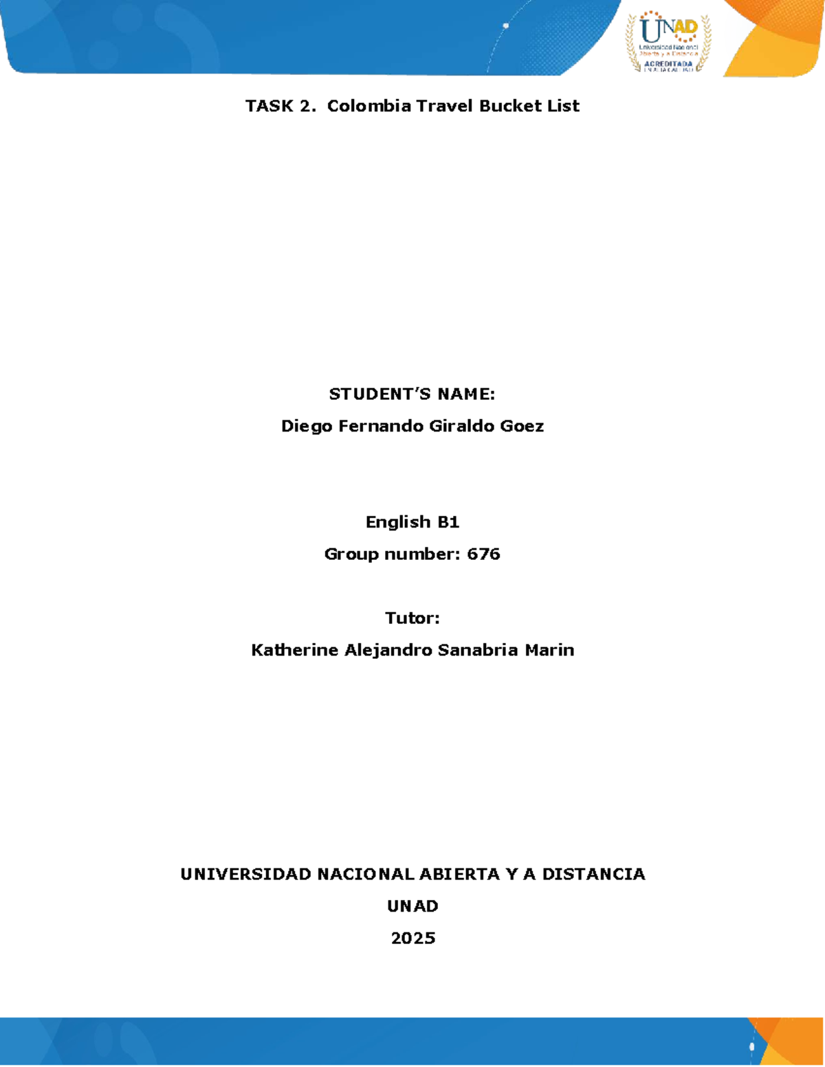 Task 2: Colombia Travel Bucket List - Diego Fernando Giraldo Goez - Document Preview