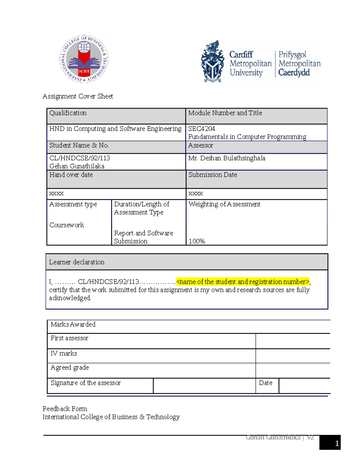 HND in Computing SEC: Fundamentals in Computer Programming Report - Studocu