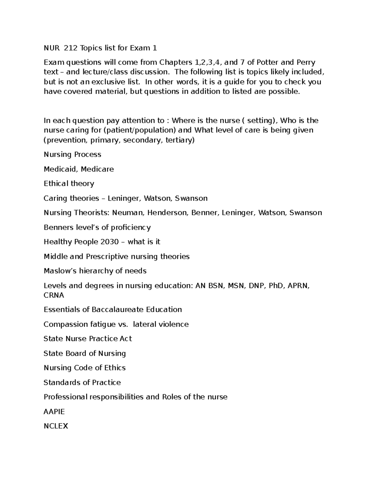 NUR 212 Exam 1 Topics Overview: Key Concepts & Theories - Studocu
