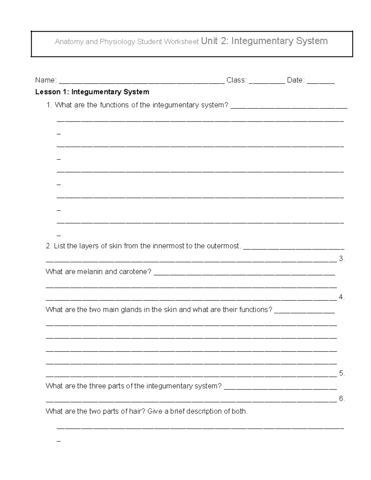 Anatomy & Physiology Worksheet: Unit 2 - Integumentary System - Studocu