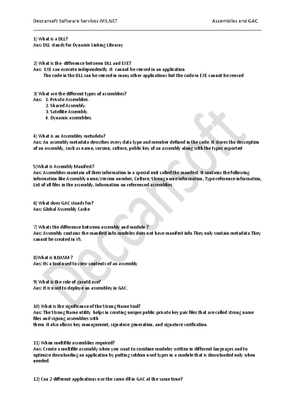 9 Assemblies+and GAC Descriptive Questions - Deccansoft Software ...