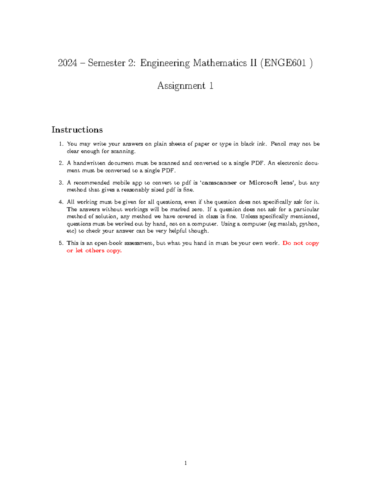 S2 2024 - Assignment 1: Engineering Math II (ENGE601) Overview - Studocu