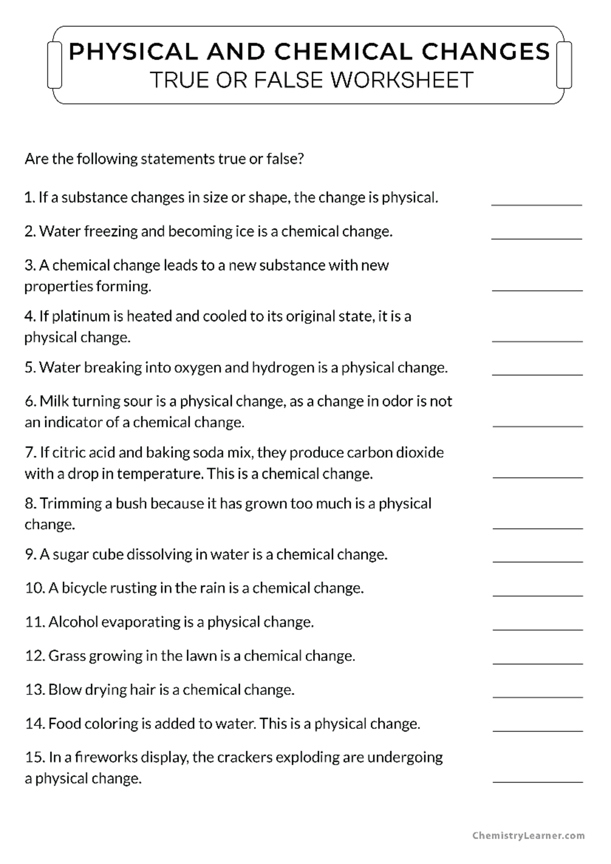 Chemical and Physical Changes and Properties of Matter Worksheet Key ...