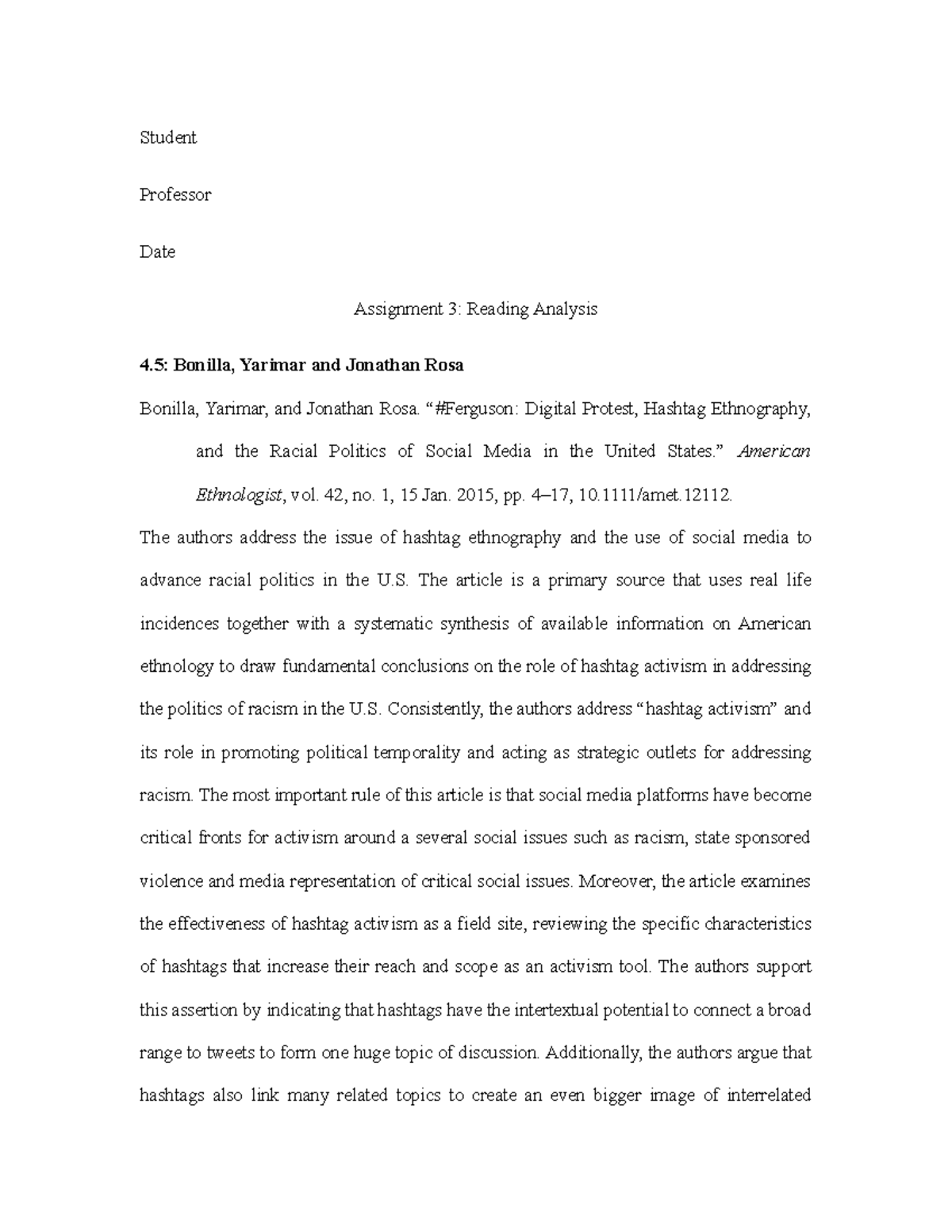 Assignment 3- Reading Analysis - Student Professor Date Assignment 3 ...