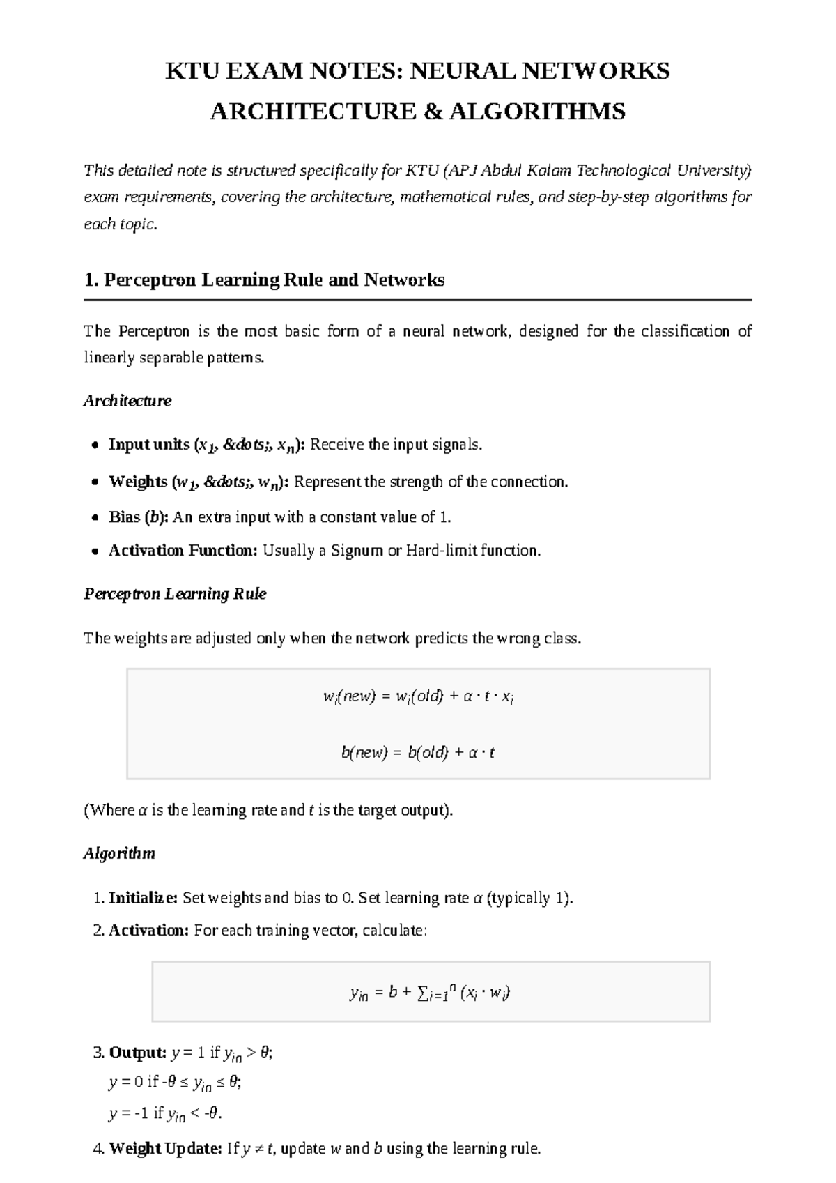 KTU EXAM NOTES: PERCEPTRON LEARNING RULE SUMMARY - Studocu