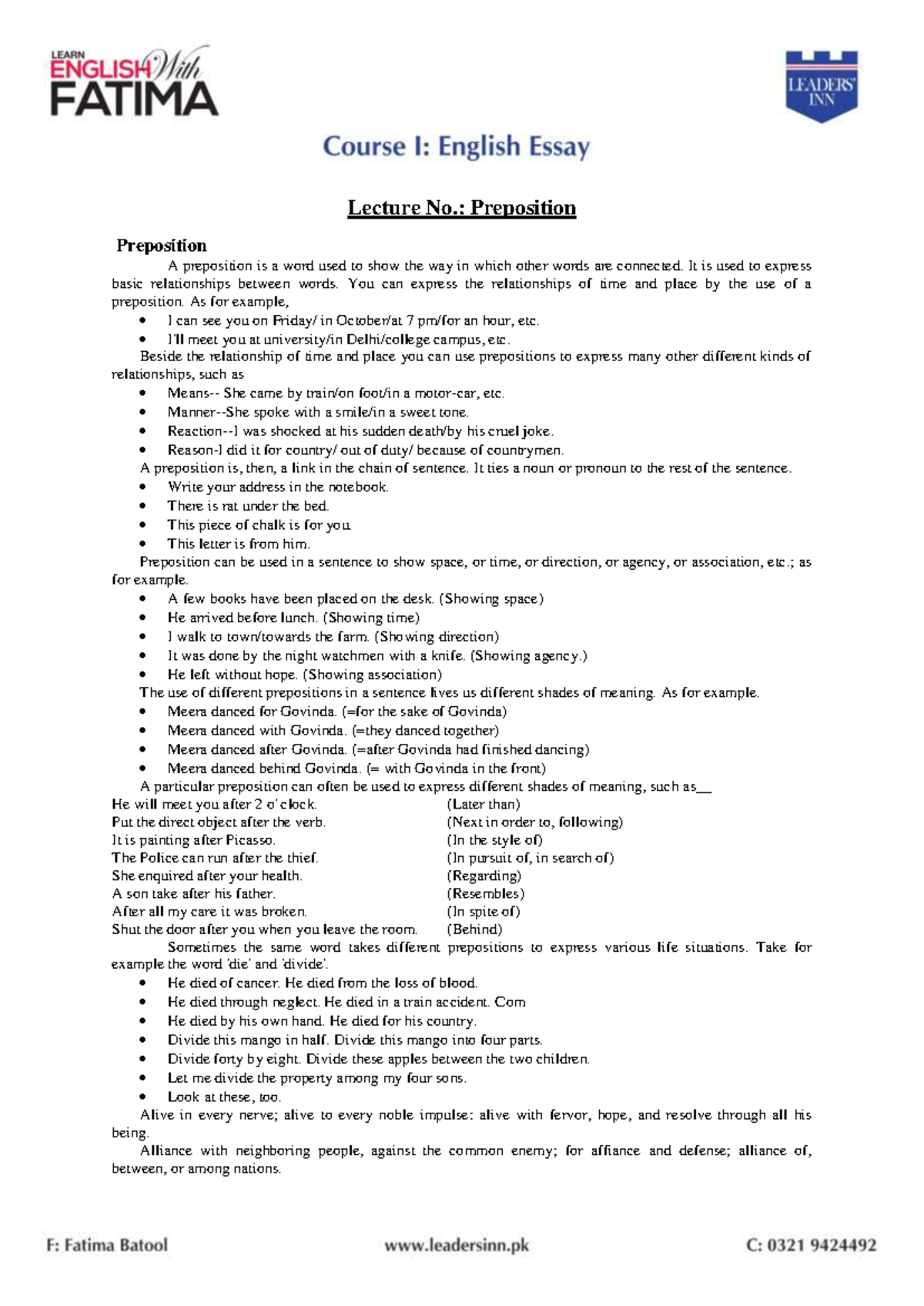 Lecture Notes: Understanding Prepositions and Their Uses - Studocu