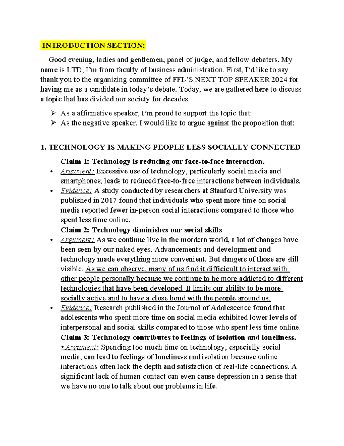 Debate Scripts - ,,, - INTRODUCTION SECTION: Good evening, ladies and ...