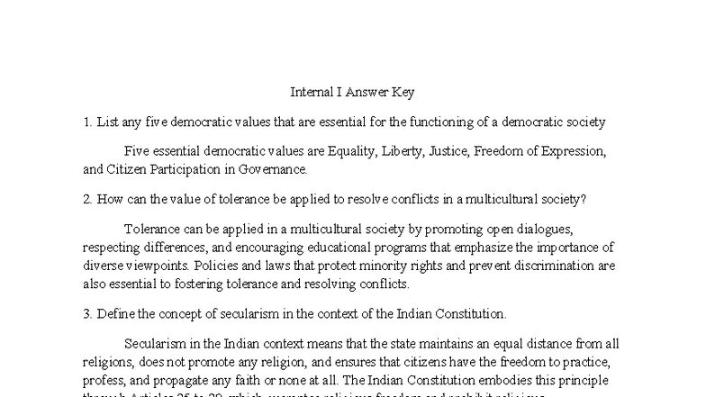 Internal I Answer Key: Key Concepts in Democracy and Secularism - Studocu