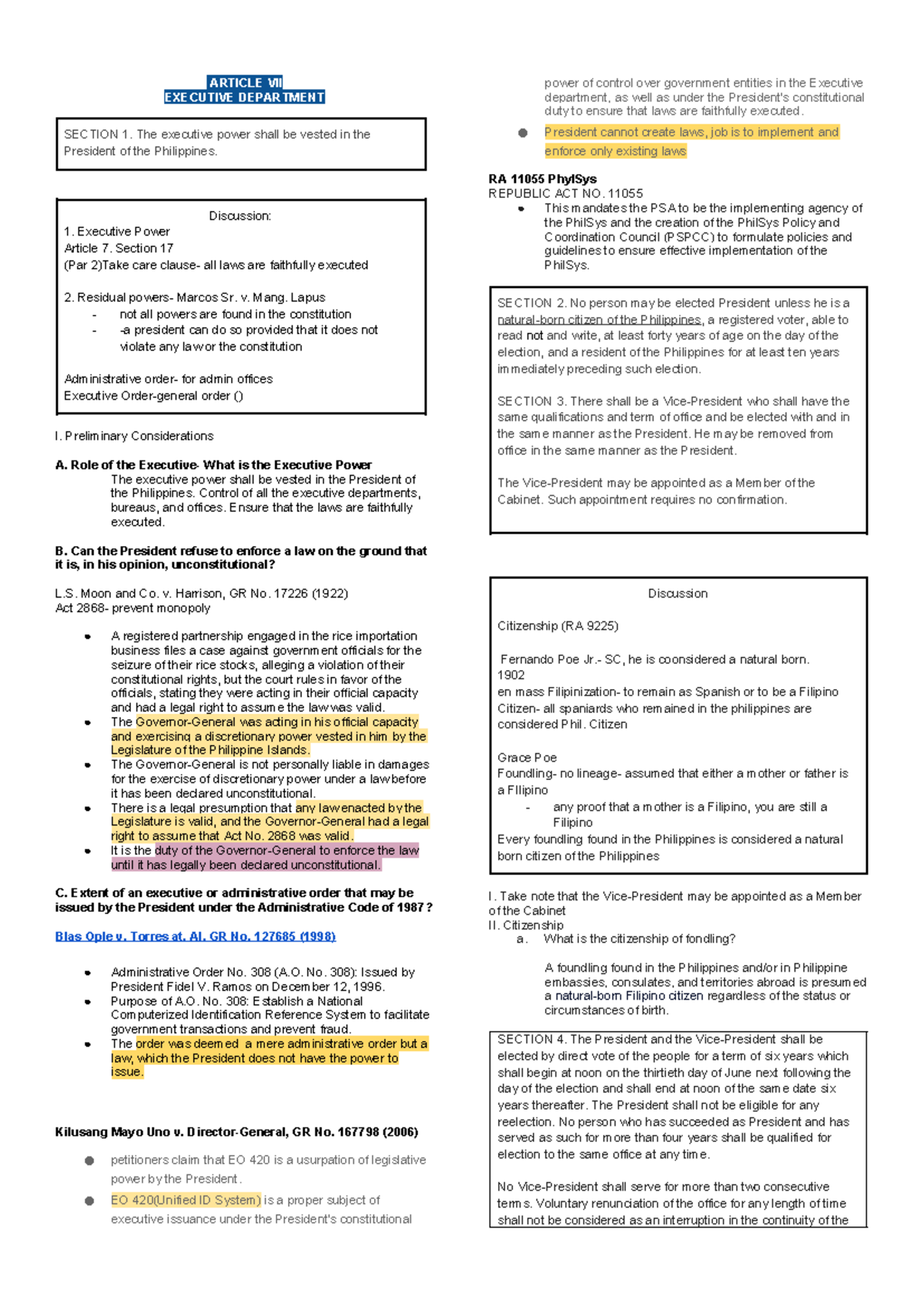 Constitutional Analysis of Article VII: Executive Department PHL 101 ...