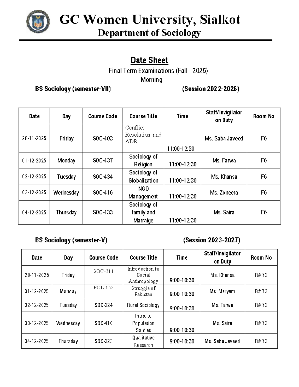 GC Women University, Sialkot BS Sociology Final Exam Date Sheet (Fall ...