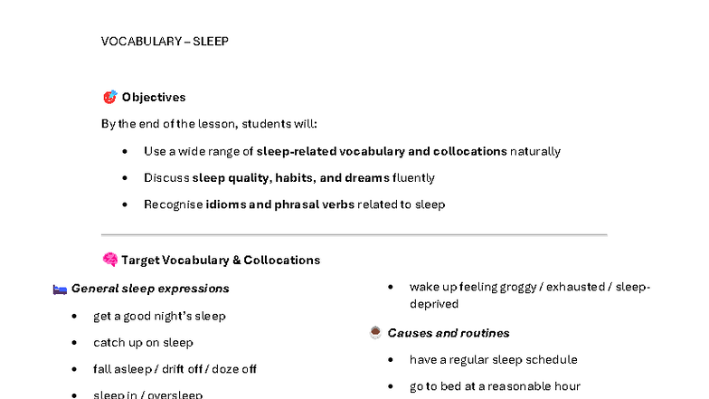 Vocabulary on Sleep: Objectives and Exercises for ESL Learners - Studocu