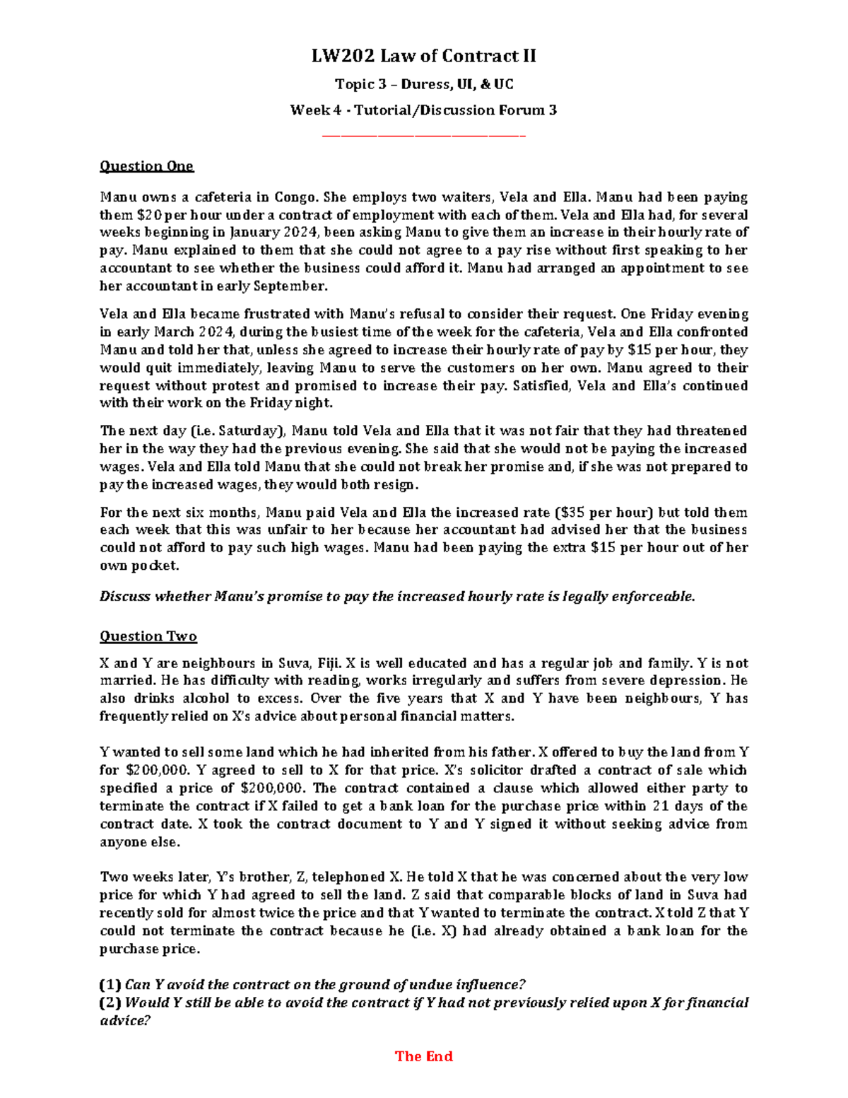 LW202 Law of Contract II - Week 4 Tutorial 3: Duress & Undue Influence ...