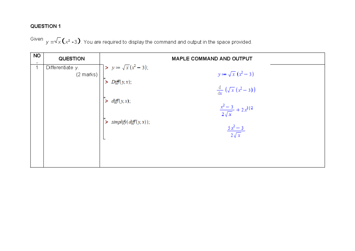 Practice Maple LAB Assignment - QUESTION 1 Given y x x 2 3 . You are ...