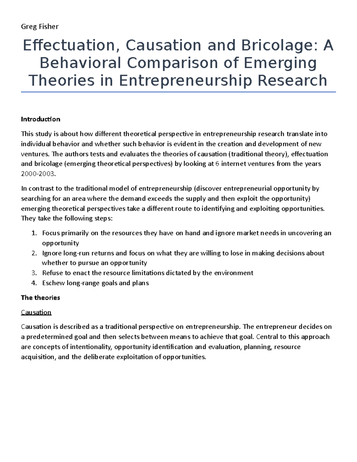 Entrepreneurship Theories: Effectuation vs. Causation Comparison ...