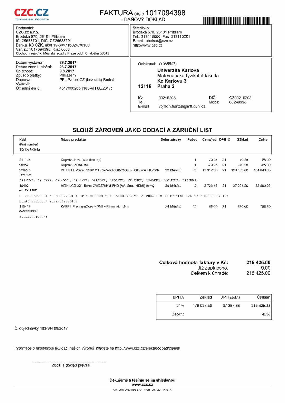 CZC.CZ Invoice Number 1017094398 - Details and Payment Summary - Studocu