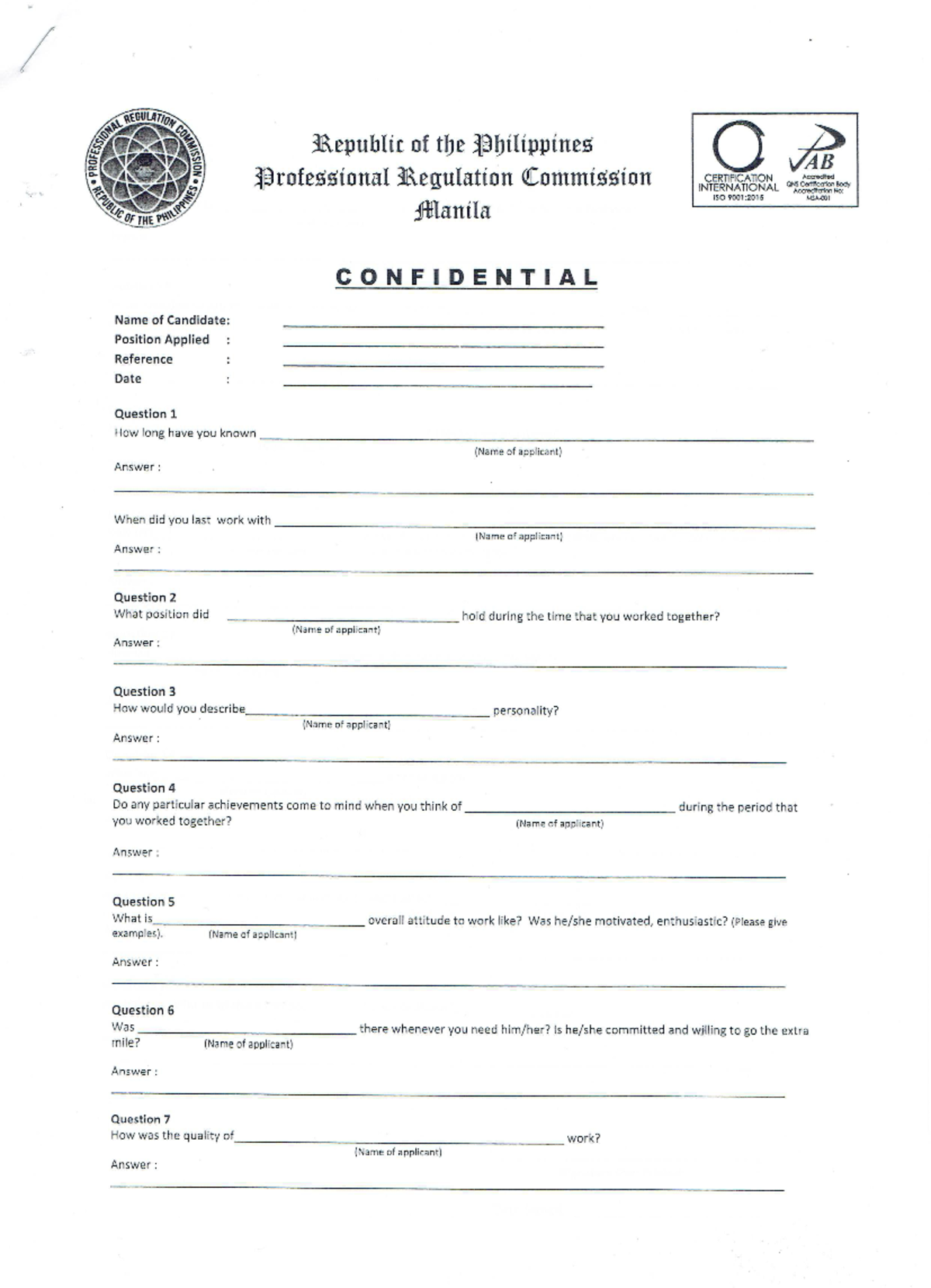 BI FORM B - Confidential Feedback on Candidate's Work Attitude - Studocu