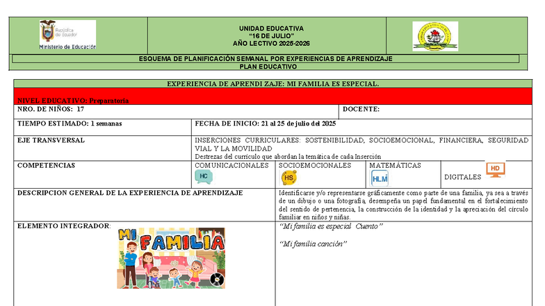 Planificación Semanal de Aprendizaje: Mi Familia es Especial ...