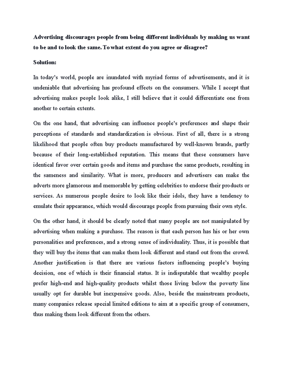 The Impact of Advertising on Individuality and Consumer Behavior - Studocu