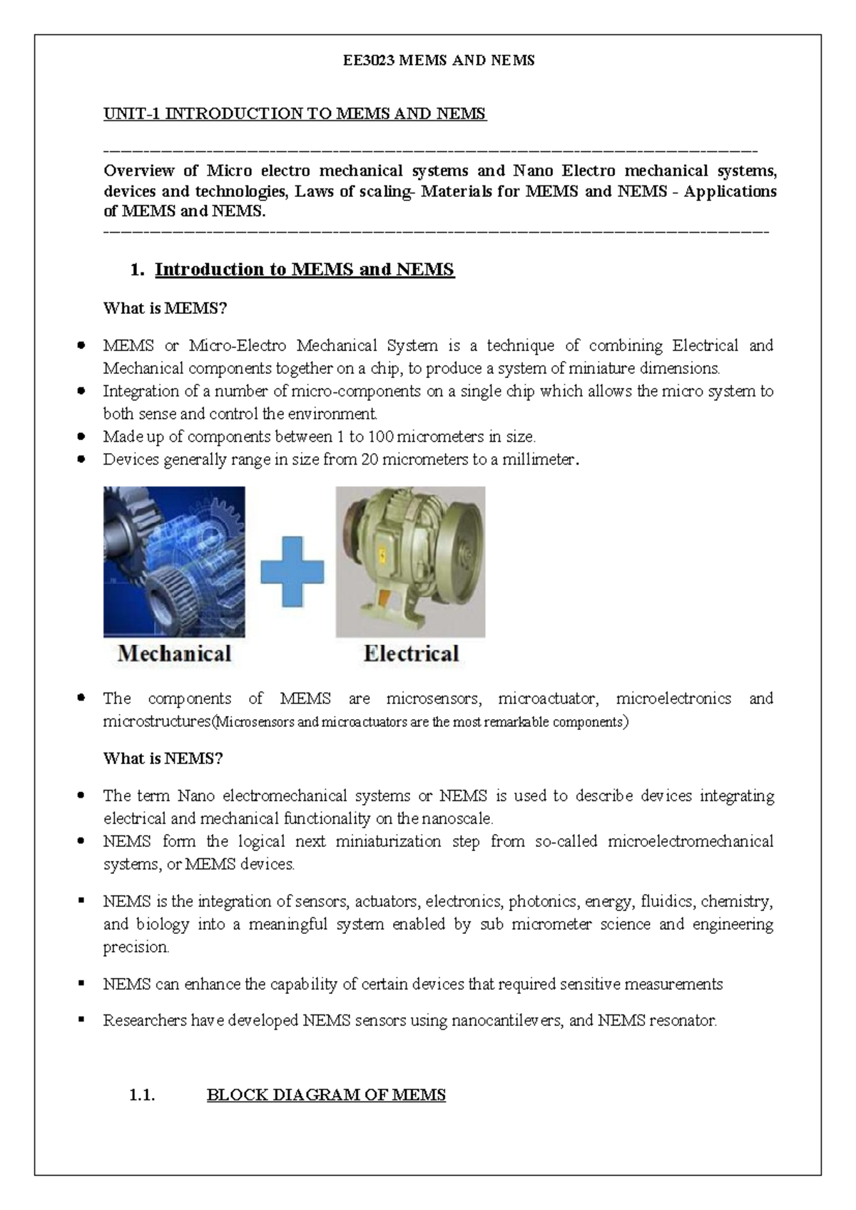 Unit-1 MEMS and NEMS: Detailed Notes and Insights - Studocu