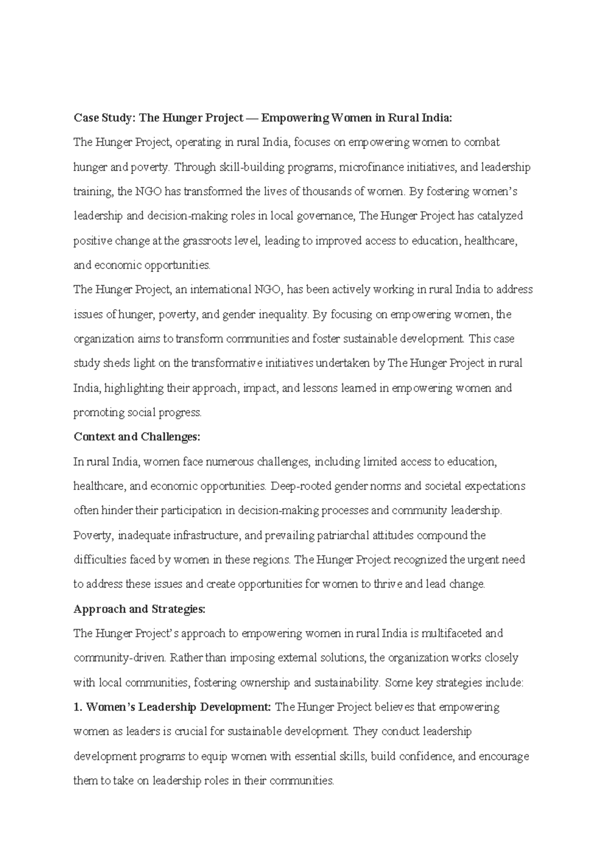 NGO Case Study - NGO - Case Study: The Hunger Project — Empowering ...