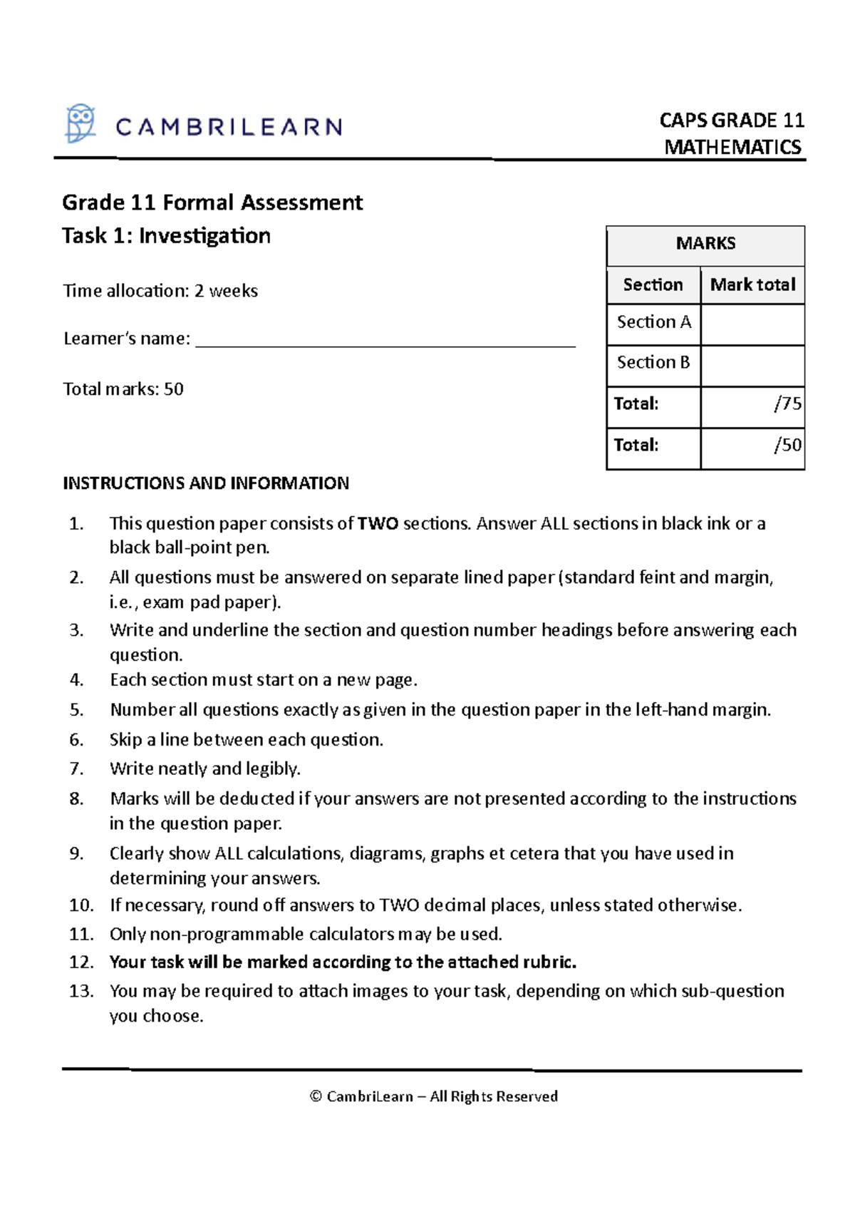 CAPS GRADE 11 MATHEMATICS Formal Assessment Task 1: Investigation - Studocu