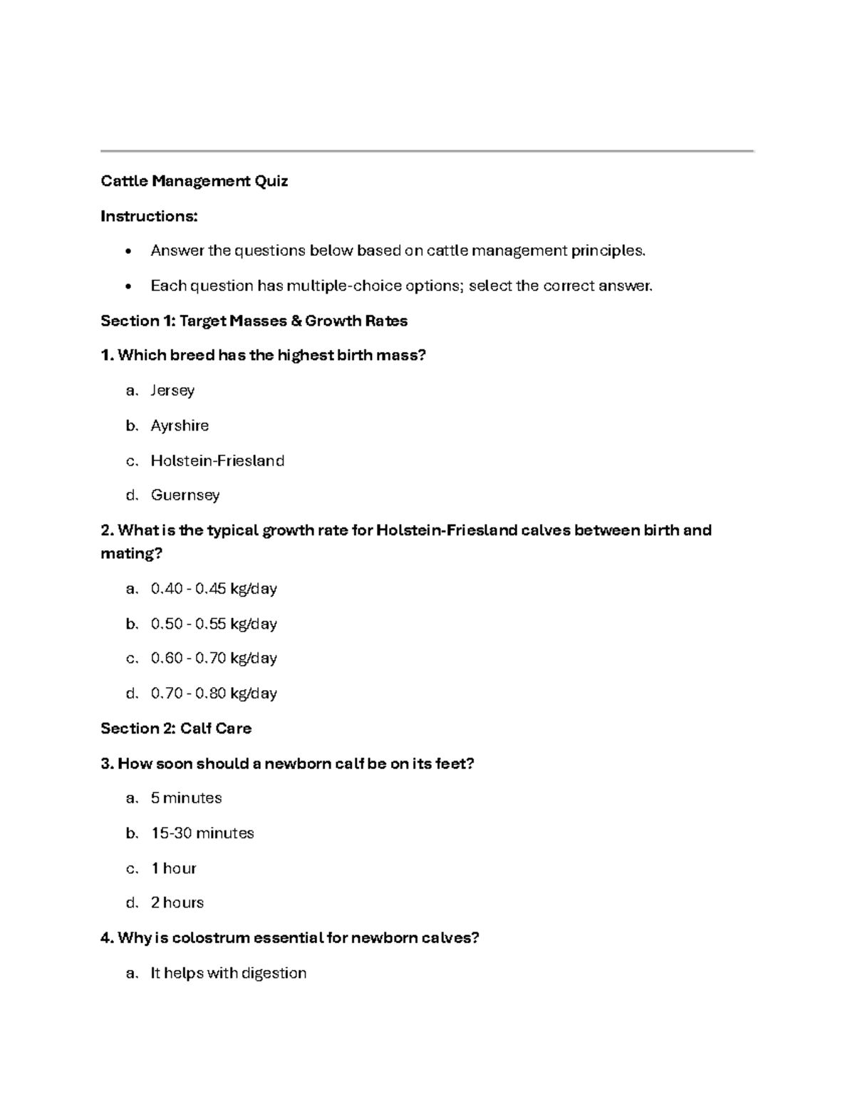 Cattle Management Quiz (Course Code: CM101) - Studocu