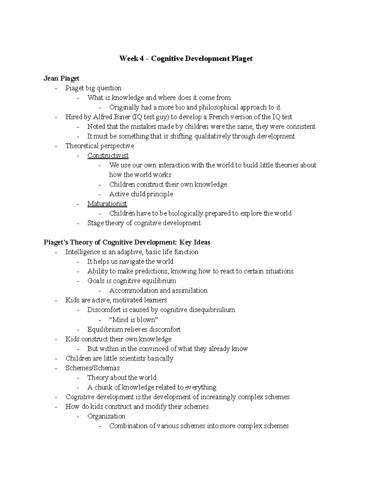 B20 Cognitive Development Insights: Piaget's Week 4 Notes - Studocu