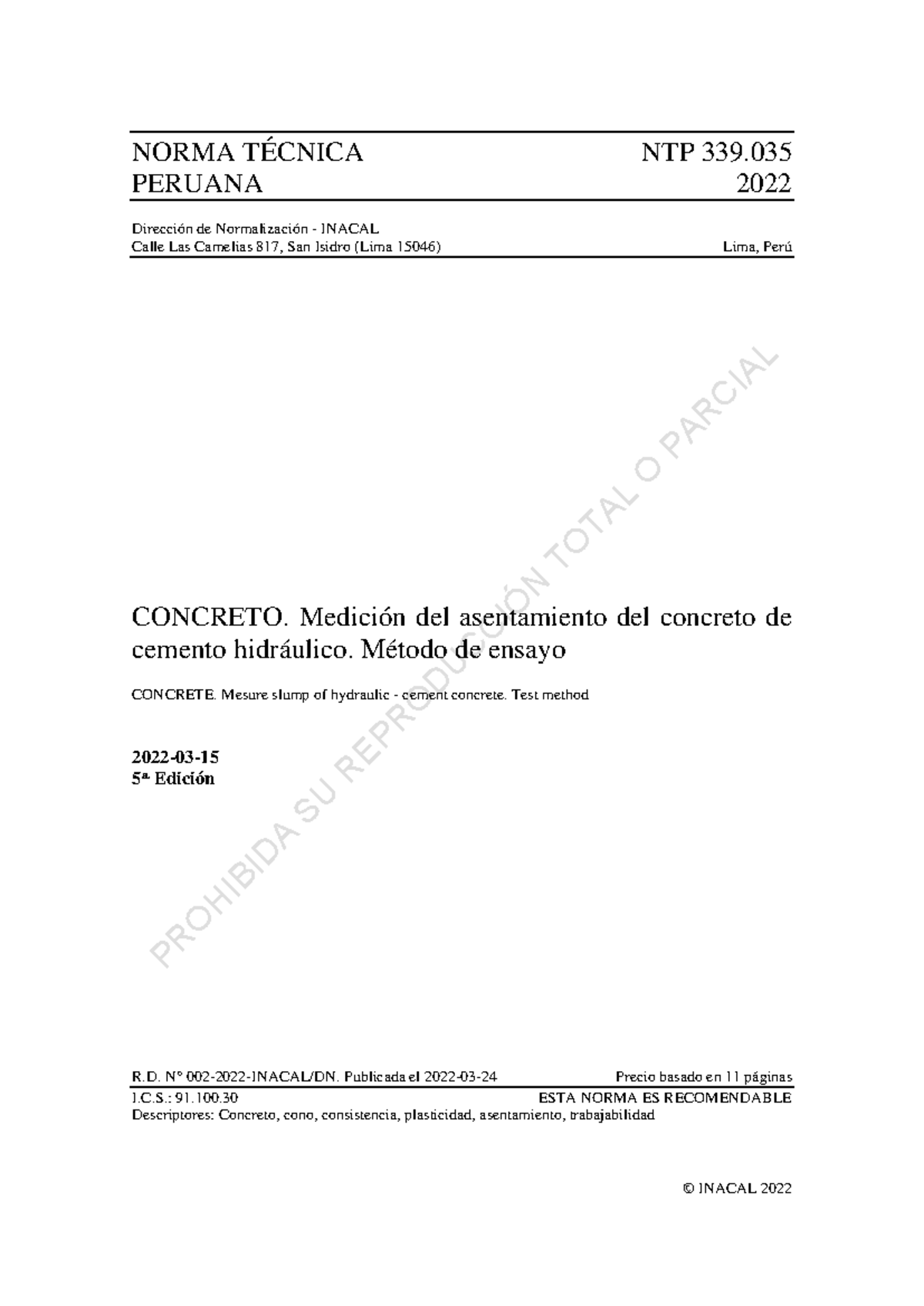 NTP 339.035-2022: Medición del Asentamiento del Concreto Hidráulico - Document Preview