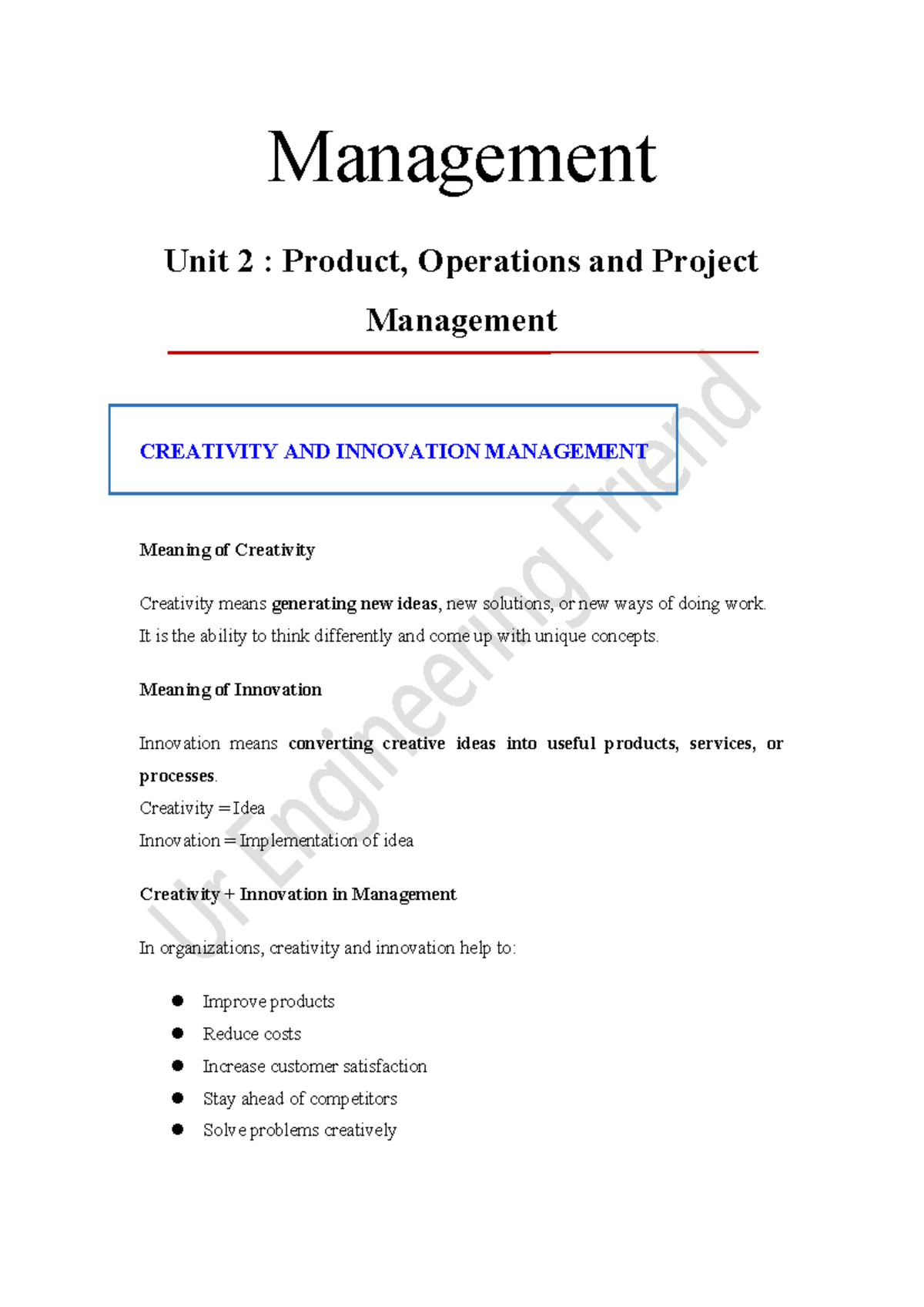 Management Unit 2: Creativity & Innovation in Product Management - Studocu