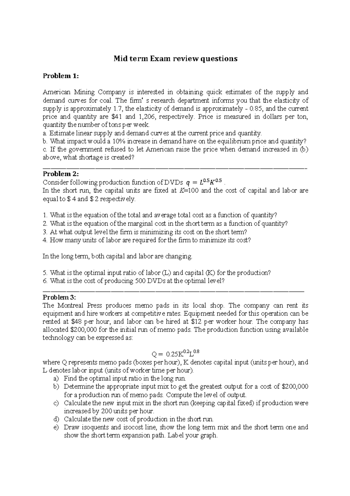 Midterm 2 Exam Review Questions for Economics Course (ECO 101) - Studocu
