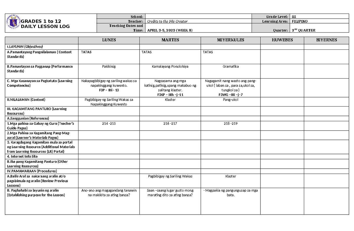 DLL Filipino 3 Q3 W8: Daily Lesson Log for April 3-5, 2023 - Studocu