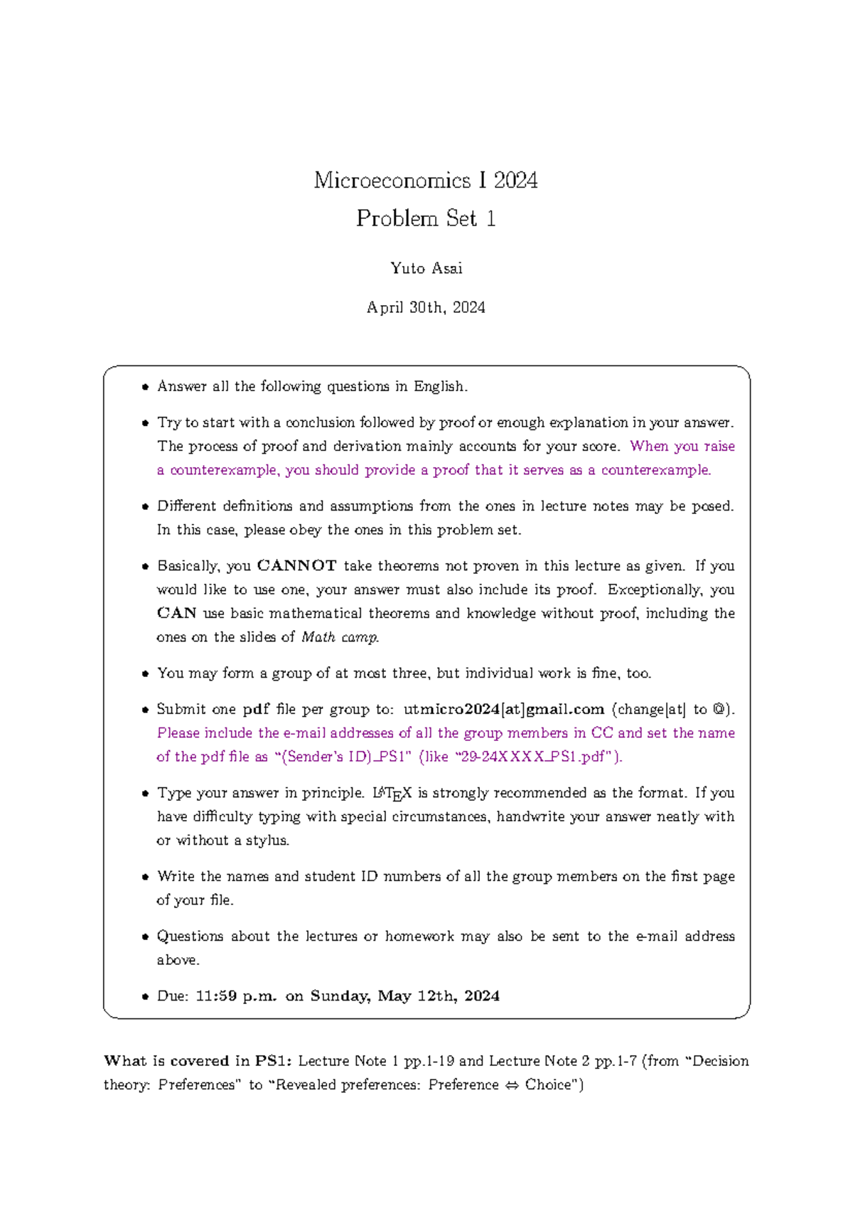 PS1 2024: Microeconomics I Problem Set 1 Solutions and Guidelines - Studocu