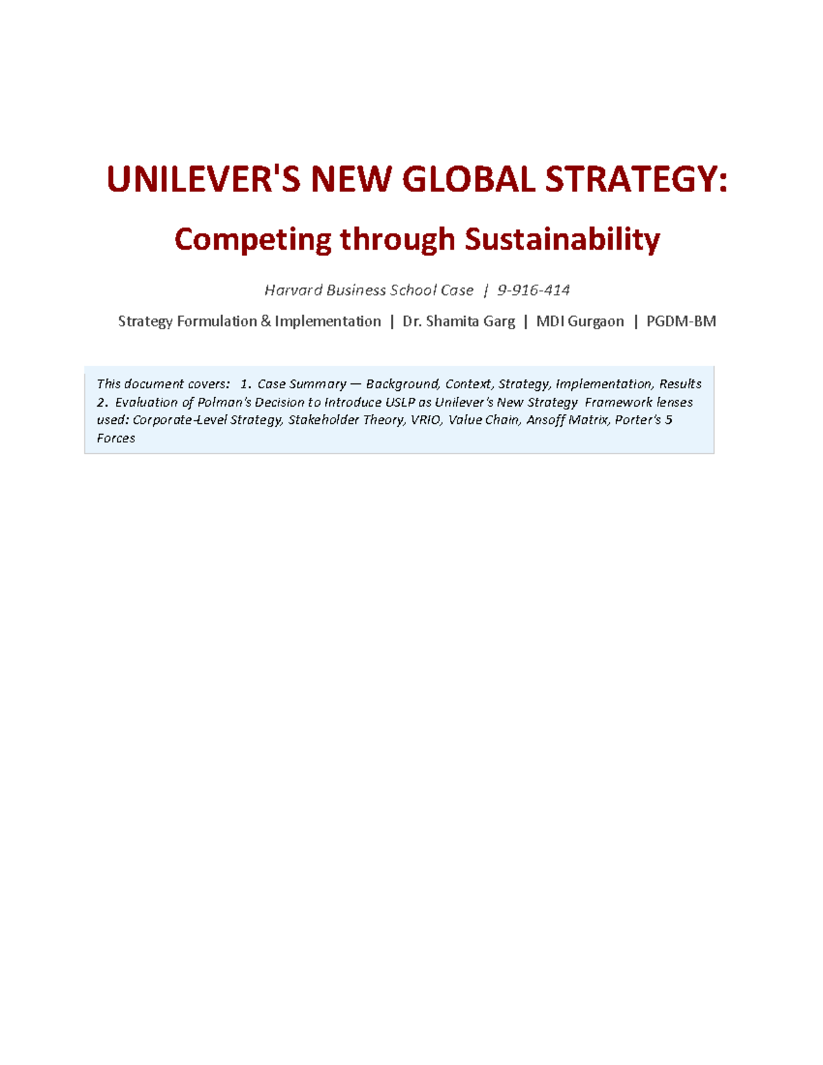 Unilever Case Study: Evaluating the USLP Strategy (HBS Case) - Studocu