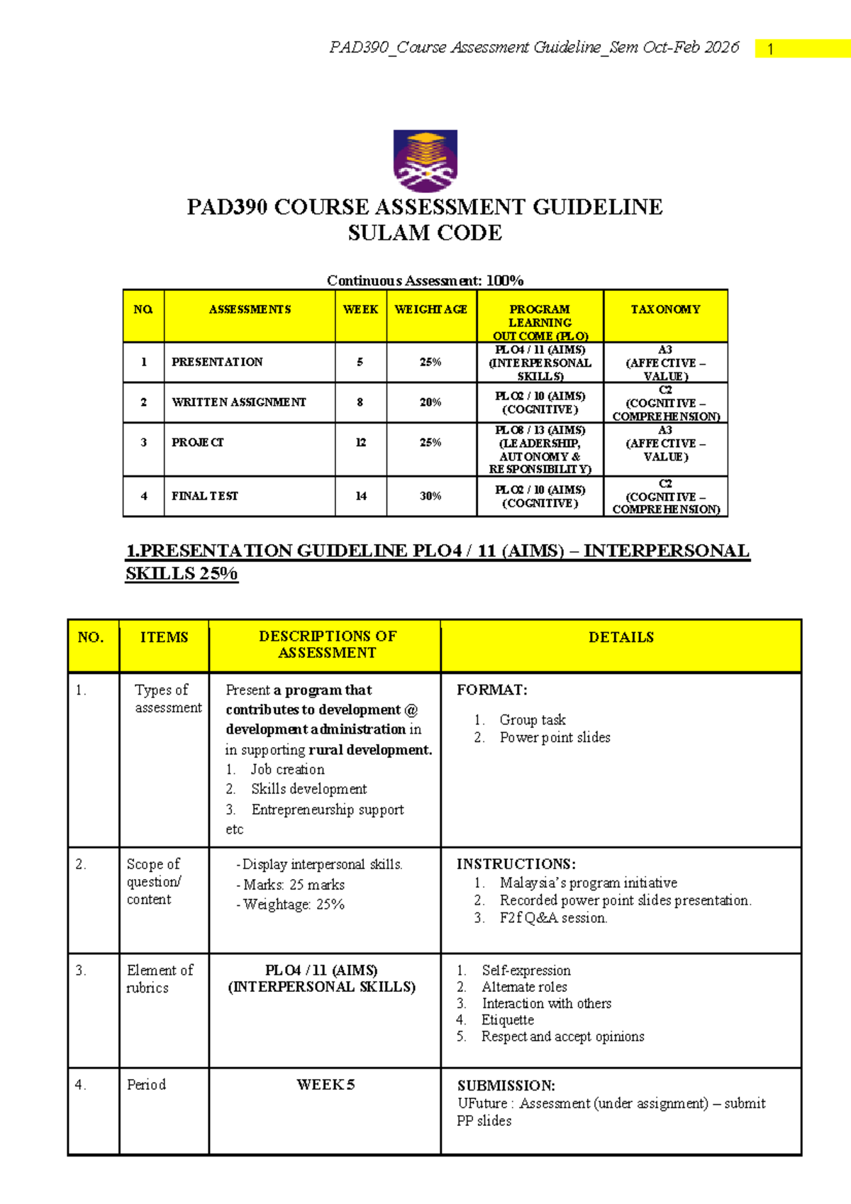 PAD390 Continuous Assessment Guidelines for Sem 2026 - Studocu