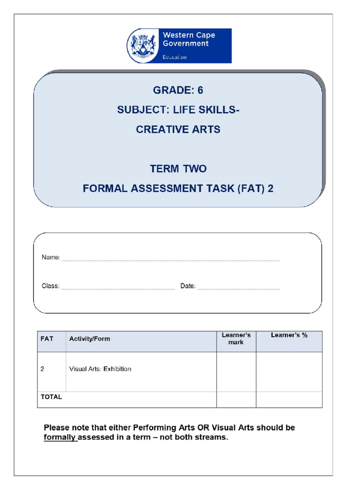 Grade 6 FAT Creative Arts Visual Arts Term 2 Assessment Task Studocu