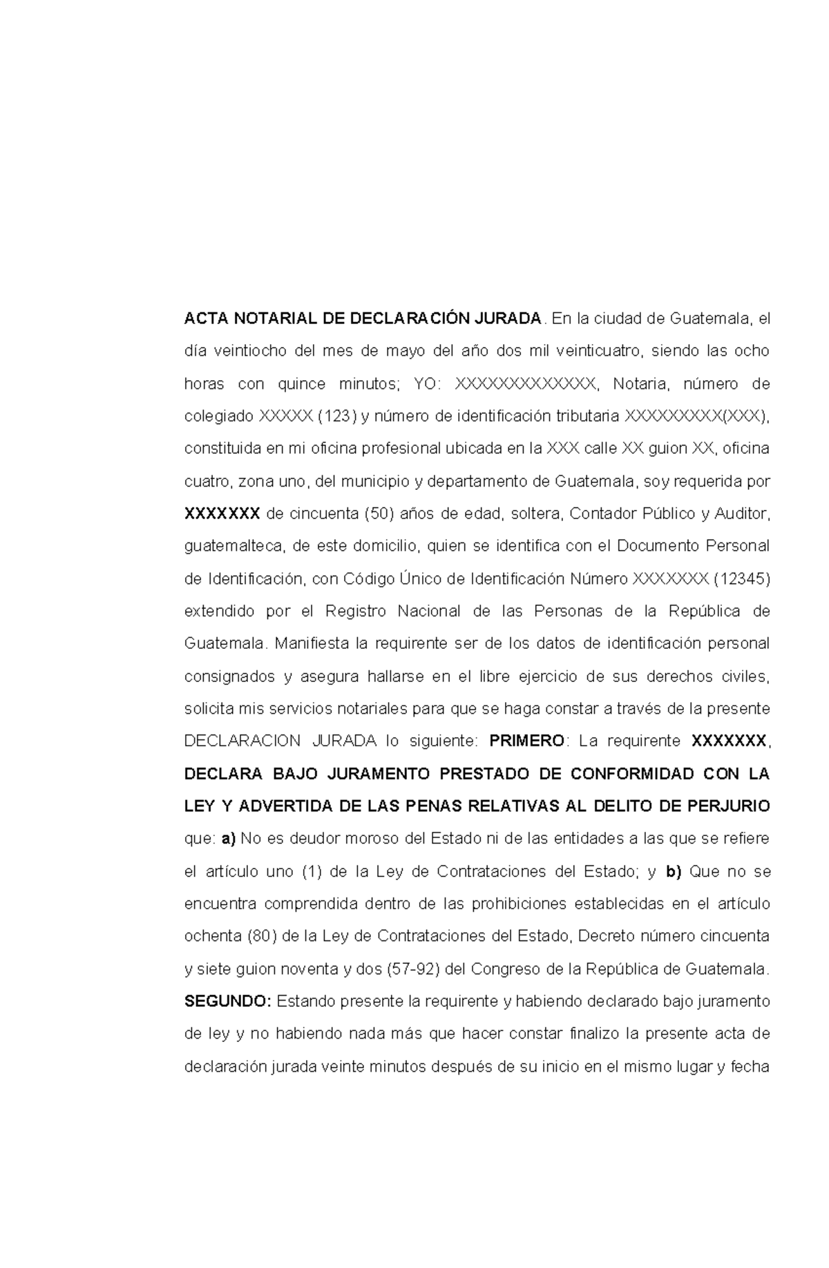 ACTA NOTARIAL DE DECLARACIÓN JURADA - Guatemala, 28 de mayo 2024 - Studocu