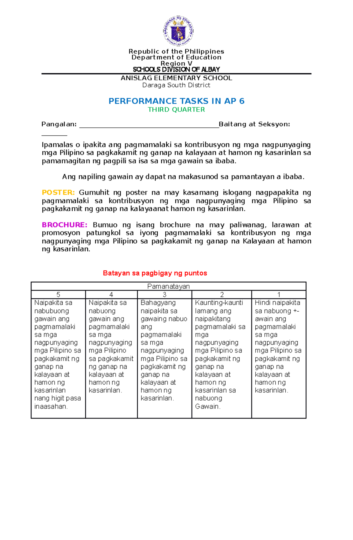 Performance Task - AP & TLE 6 (3rd Quarter) - Studocu