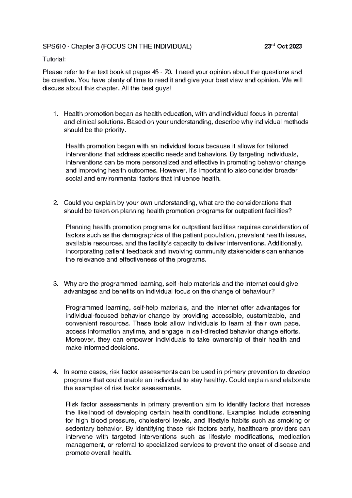 SPS610 Chapter 3 Exercise: Individual Focus in Health Promotion - Studocu