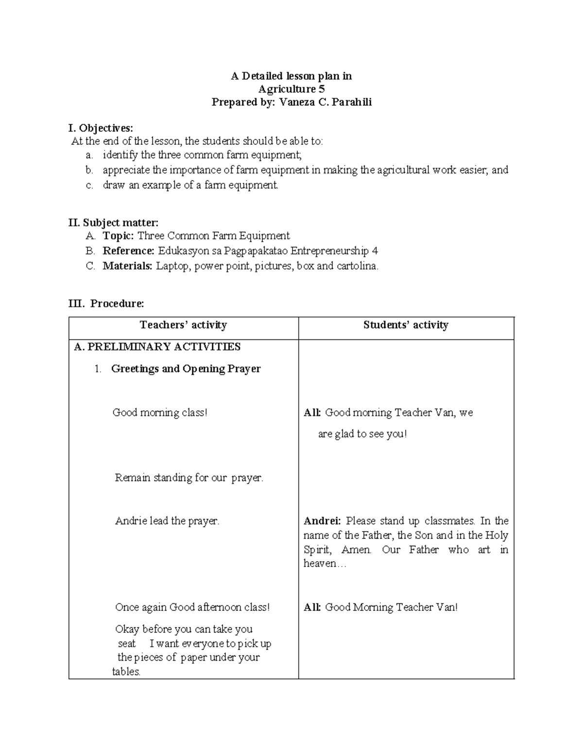 Lesson Plan: Three Common Farm Equipment in Agriculture 5 (LP 085441 ...