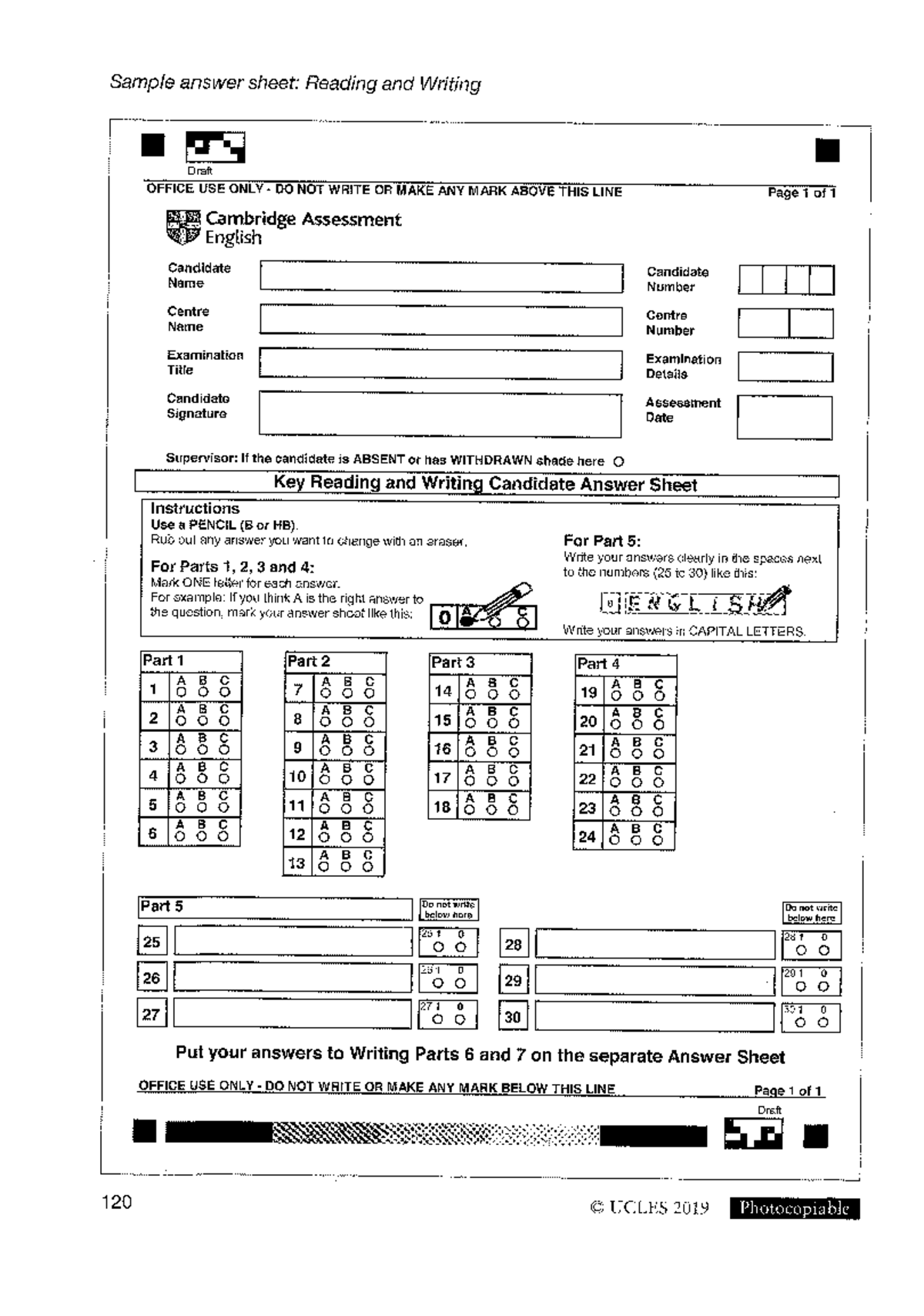 Sample Answer Sheet: Reading, Writing, and Listening Draft - UCLES 2019 ...