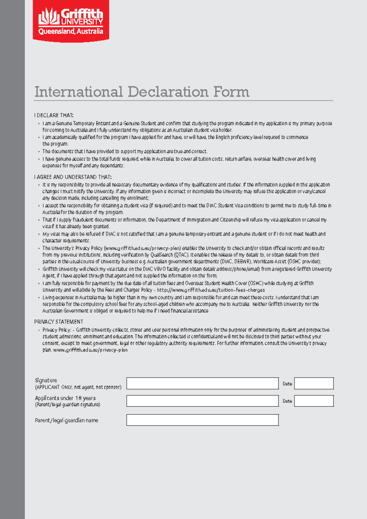 Griffith Uni International Declaration Form - KB28082014 - Studocu