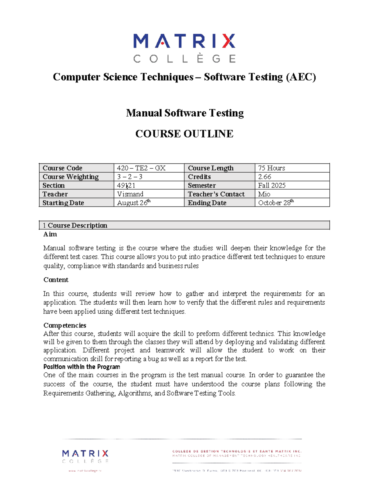 Manual Software Testing Course Outline (AEC) - 75 Hours - Studocu