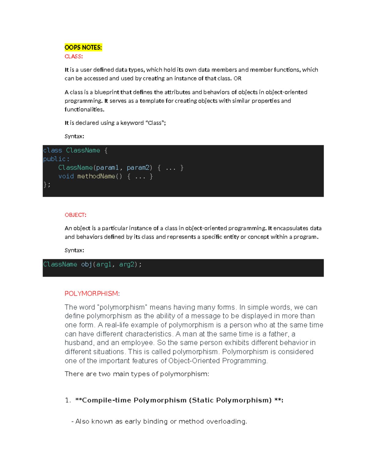OOPS NOTES: CLASS, OBJECTS, POLYMORPHISM & FRIEND FUNCTIONS - Studocu
